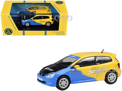 2001 Honda Civic Type R EP3 Blue and Yellow with Black Hood Spoon Sports 1/64 Diecast Model Car by Paragon Models