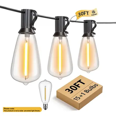 GLUROO 30FT Outdoor String Lights, LED Outdoor Patio Lights Waterproof with 15+1 Vintage Bulbs Shatterproof Energy Saving, 27...