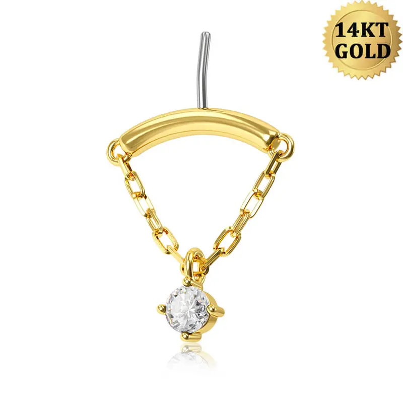 14K Gold Dangle Chain CZ Threadless Earring - 14K Top Only / Vertical Top