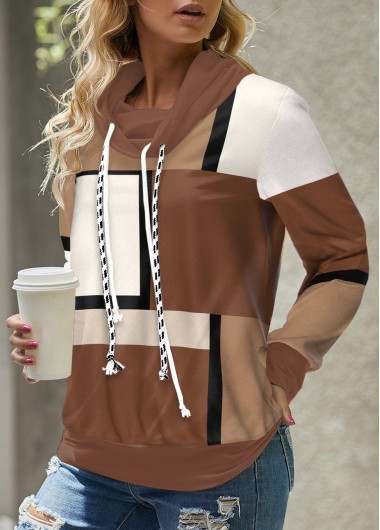 Modlily Dark Coffee Lace Up Geometric Print Sweatshirt - XXL