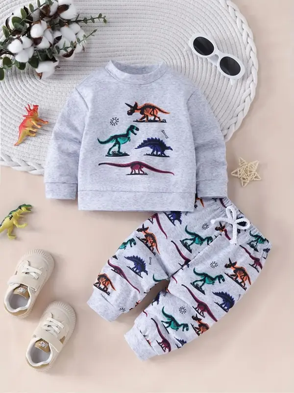 Two-piece Set Boy's Dinosaur Print Sweatshirt & Elastic Waist Pants Set, Casual Round Neck Long Sleeve Pullover & Pants for F...