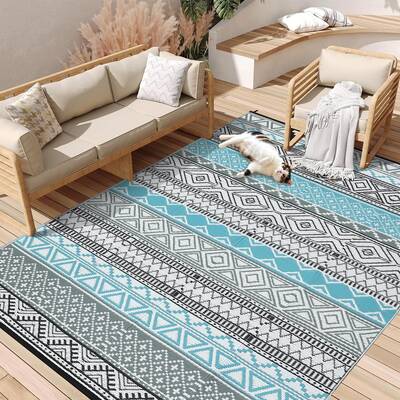 Garvee Outdoor Blue & Gray 8x10 Area Rug Plastic Water-Resistant Non-Slip Fade-Resistant Lightweight Portable Camping Picnic ...