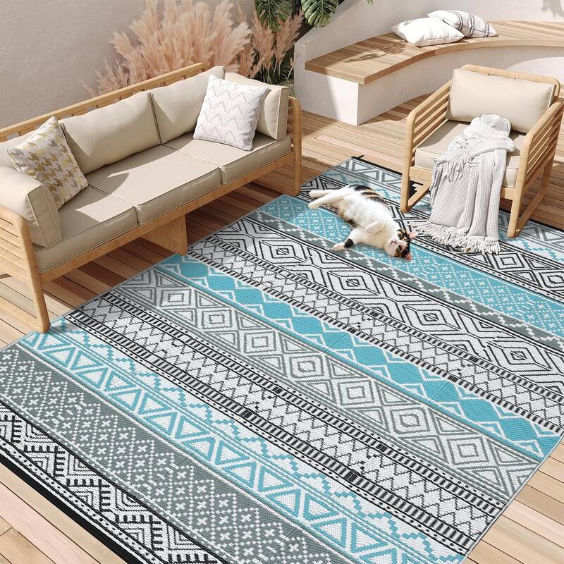 Garvee Outdoor Blue & Gray 8x10 Area Rug Plastic Water-Resistant Non-Slip Fade-Resistant Lightweight Portable Camping Picnic ...