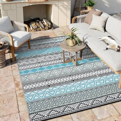 Garvee Outdoor Blue & Grey 8x10 Area Rug Plastic Water-Resistant Non-Slip Fade-Resistant Lightweight Portable Camping Picnic ...