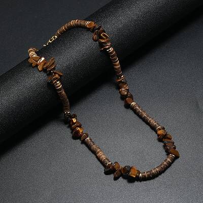 Natural Tiger Eye Chips & Coconut Disc Beaded Necklace