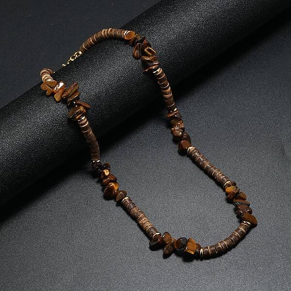 Natural Tiger Eye Chips & Coconut Disc Beaded Necklace