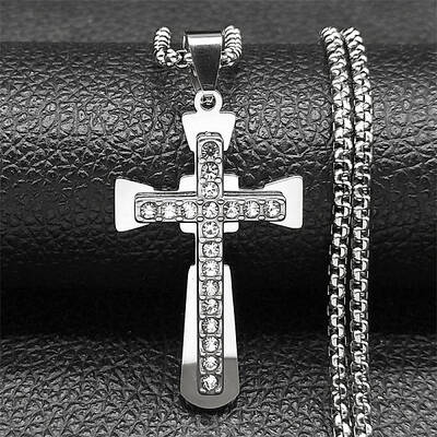 304 Stainless Steel Crystal Rhinestone Religion Cross Pendant Necklaces