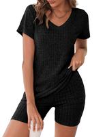 ZEAGOO Womens Biker Short Sets Women 2 Piece Outfits Ribbed Pajama Short Sleeve Workout Set