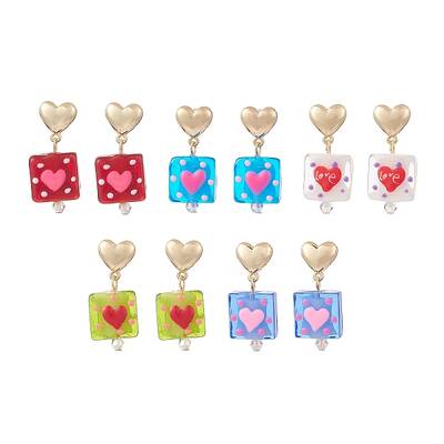 Handmade Lampwork Rectangle with Heart Dangle Stud  Earrings