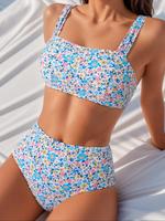 Women's Ditsy Floral Print Padded Bikini Set, Casual Adjustable Strap Swim Bra & Swim Panty, Ladies Swimwear for Summer Beach...