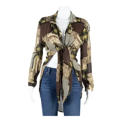 Womens Kimono Blouse Brown Long Sleeve Crazy Pattern M