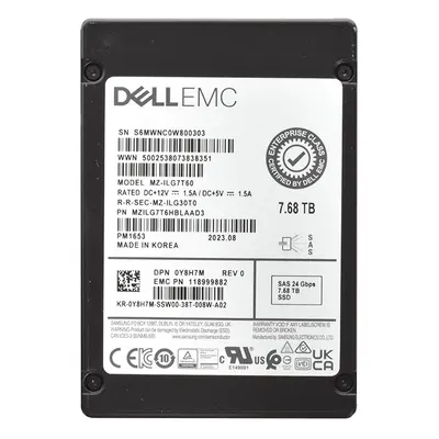 0Y8H7M Dell 7.68TB 2.5-inch 24GB/s SAS Triple-Level Cell Read-Intensive ISE Hot-Pluggable Solid State Drive for PowerEdge G14...
