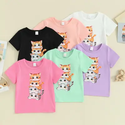 Summer T Shirt Cat Shirts For Girls Cartoon Graphic Tees Short Sleeve Crewneck Tops Outfits 1-8T