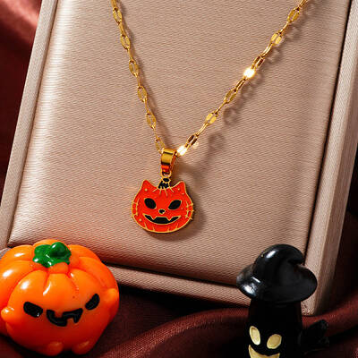 Stainless Steel Enamel Halloween Cat Pumpkin Pendant Dapped Chain Necklaces