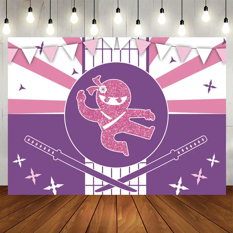 Aperturee Ninja Pink Glitter Birthday Backdrop For Girls