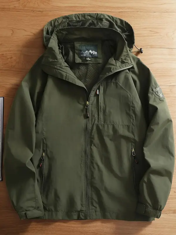 Men's Regular Fit Solid Pocket Zipper Sports Jacket, Casual Embroidery Long Sleeve Zip Up Jacket for Spring & Fall, Outdoor H...