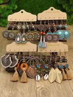 Boho Style Hollow out & Leaf Design Dangle Earrings (12 Pairs), Vintage Style Shell Design Dangle Earrings, Fashion Jewelry f...