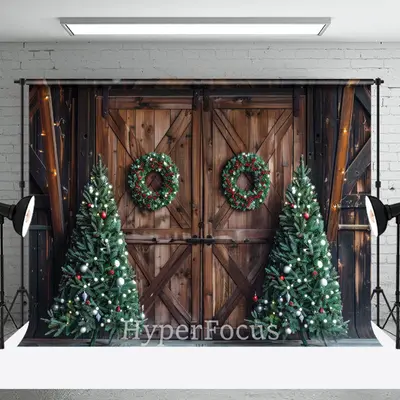 Wooden Barn Door Wreath Tree Christmas Photo Backdrop - Aperturee