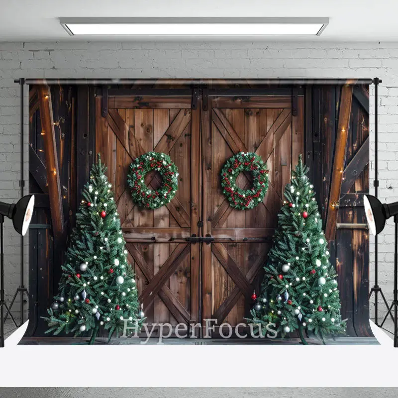 Wooden Barn Door Wreath Tree Christmas Photo Backdrop - Aperturee