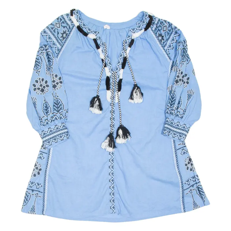Womens Printed Top Blue V-Neck 3/4 Sleeve Crazy Pattern S