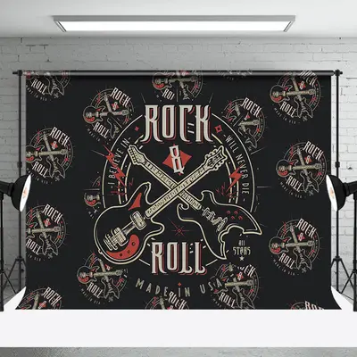 Black Repeated Guitar Rock And Roll Party Backdrop