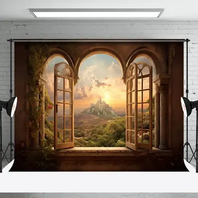 Natural Wild Mountain Forest Window Photo Backdrop