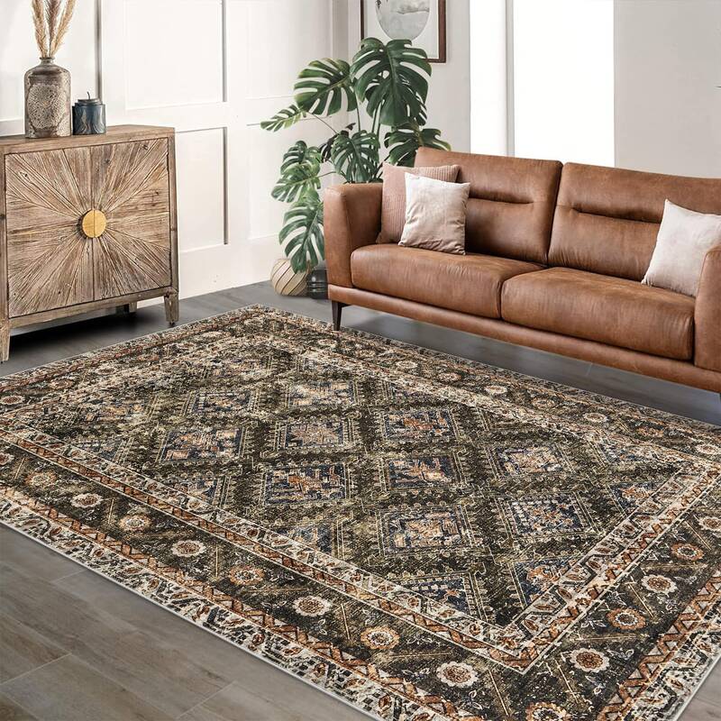 Garvee 5'x7' Washable Area Rugs, Vintage Boho Low Pile Non-Slip Brown for Living Room Office Dining Room Kids Room Farmhouse