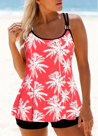 Modlily Metal Ring Leaf Print Coral Red Tankini Top - S