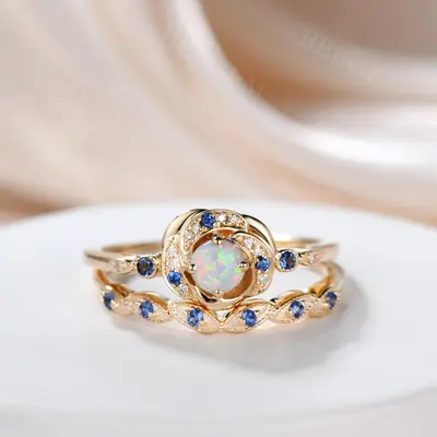 Art deco Milgrain White Opal  Engagement Ring Set