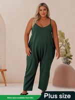 【Plus Size】 Solid Pocket Adjustable Strap Overalls, Lady Minimalist Chic Elegant Casual Sleeveless Jumpsuit for Summer, W...