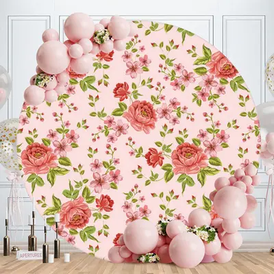 Aperturee Pink Floral Round Girls Baby Shower Backdrop