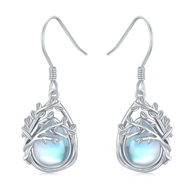 Sterling Silver Moonstone Tree Of Life Drop Earrings