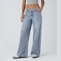 Halara Flex Asymmetric Low Rise Button Zipper Multiple Pockets Wide Leg Washed Stretchy Knit Casual Jeans Pants Denim Breatha...