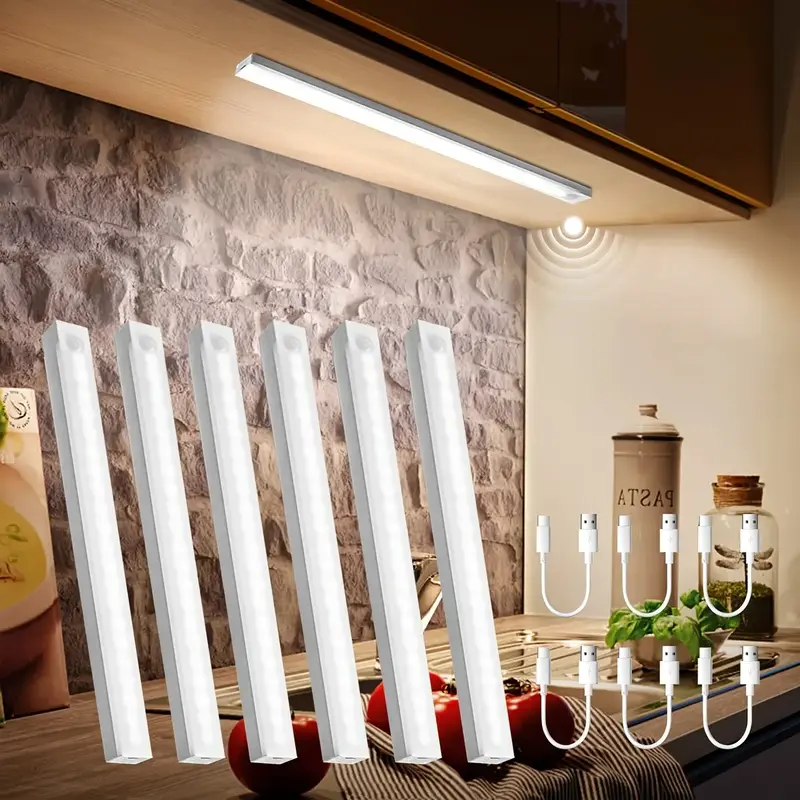 6pcs Magnetic Under-Cabinet LED Lights, Rechargeable, Human-Sensor, Ideal for Kitchen, Bedroom, Closet, Sink Area - Modern Do...