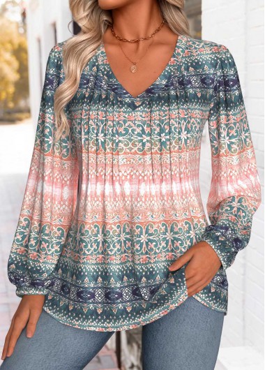 Modlily Multi Color Tummy Coverage Tribal Print Long Sleeve Blouse - XL