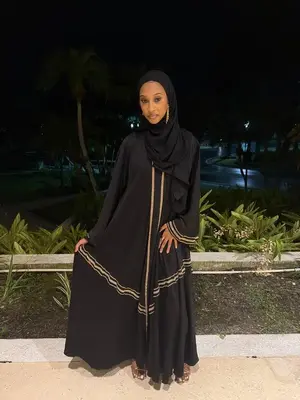 Nuri Abaya Set - Black Satin 3-Piece Ensemble with Gold Detailing for Evening Wear & Formal Occasions