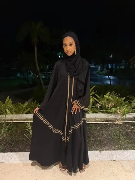 Nuri Abaya Set - Black Satin 3-Piece Ensemble with Gold Detailing for Evening Wear & Formal Occasions