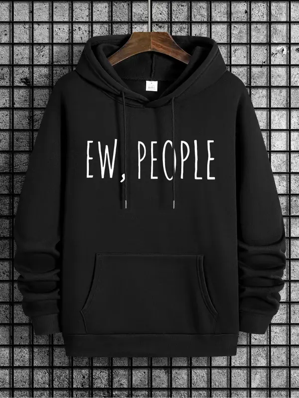 Men's Regular Fit Letter Print Drawstring Hoodie, Casual Long Sleeve Pocket Hooded Sweatshirt for Spring & Fall, Menswear for...