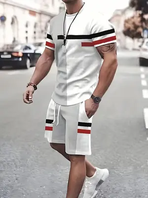 Two Pieces Men's Colorblock Striped Print Drawstring Two-piece Set, Regular Fit Casual Short Sleeve T-shirt & Pocket Shorts, ...
