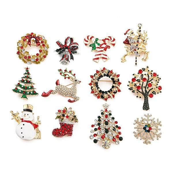 Christmas Brooch Cane Reindeer Snowflake Snowman Wreath Bell Boot Pin Corsage.