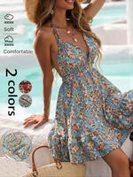 Women's Ditsy Floral Print Backless Halter Dress, Boho Fashion Casual Dress for Beach Holiday Vacation, Ladies Summer Clothes...
