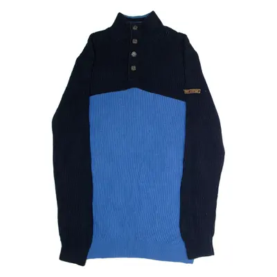 NAUTICA Mens Patterned Jumper Blue Colourblock Button Neck Chunky Knit XL