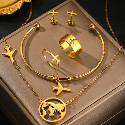 Airplane & Earth 201 Stainless Steel Pendant Necklace & Stud Earring & Cuff Ring & Cuff Bangle Sets