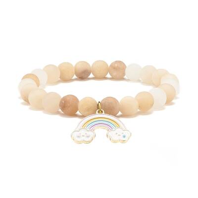 Natural Pink Aventurine Round Beaded Stretch Bracelet with Alloy Rainbow Alloy Charm
