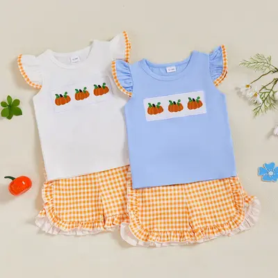 Toddler Baby Little Girl 2Pcs Summer Outfits Pumpkin Embroidery Flying Sleeve Tops and Ruffled Plaid Shorts Set 1-5 Y