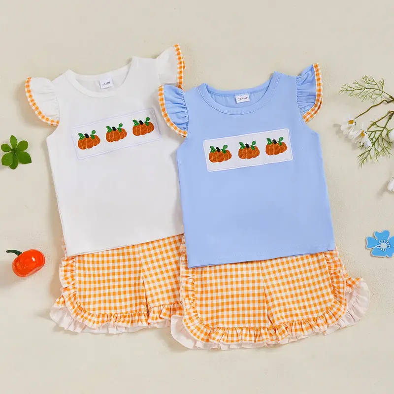 Toddler Baby Little Girl 2Pcs Summer Outfits Pumpkin Embroidery Flying Sleeve Tops and Ruffled Plaid Shorts Set 1-5 Y