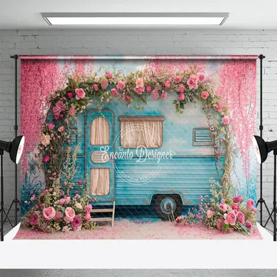 Retro Blue Car Pink Peach Blossom Spring Backdrop - Aperturee