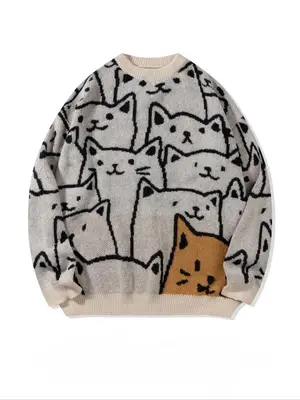 Unisex Men's All Over Cat Print Drop Shoulder Sweater, Cute Casual Long Sleeve Round Neck Jumper for Spring & Fall, Fashion M...