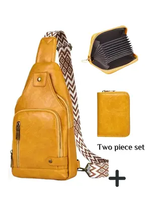 Women's Solid Color Fanny Pack with Small Wallet, Fashionable Pu Leather Zipper Chest Bag, Square Card Holder Bag for Daily U...