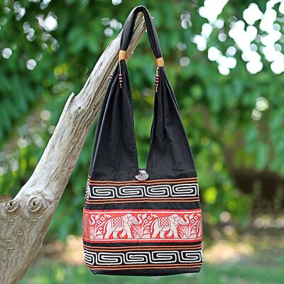 NOVICA Thai Elephants in Vermilion Cotton Blend Shoulder Bag